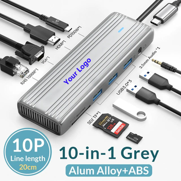 PW-10P-GY 10 in 1 Ultimate USB c Hub, 10 Ports with PD100W, 4K HDMI, VGA, 3.5mm Audio, Gigabit Ethernet, Gray
