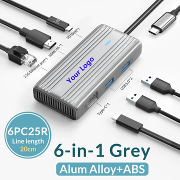 PW-6PC25R 6 in 1 usb c hub High-Performance USB C Hub, 6 Ports with PD100W, 4K@60Hz HDMI, RJ45 2.5G, Gray