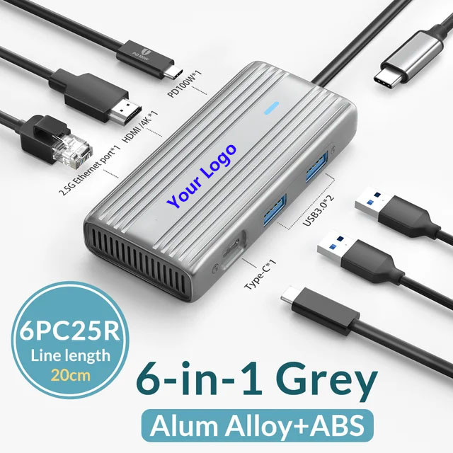 PW-6PC25R 6 in 1 usb c hub High-Performance USB C Hub, 6 Ports with PD100W, 4K@60Hz HDMI, RJ45 2.5G, Gray