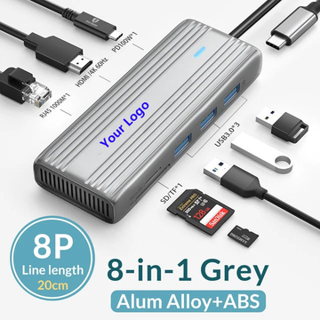 PW-8PM 8 IN 1 usb type c hubs Multimedia USB Hub, 8 Ports with PD100W, 4K@60Hz HDMI, Micro SD, Audio, Ethernet, Gray