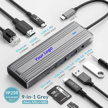 PW-9P 9 IN 1 USB DOCKING STATION Versatile USB Hub, 9 Ports with PD100W, 4K HDMI, VGA, SD/TF, GigE, Gray
